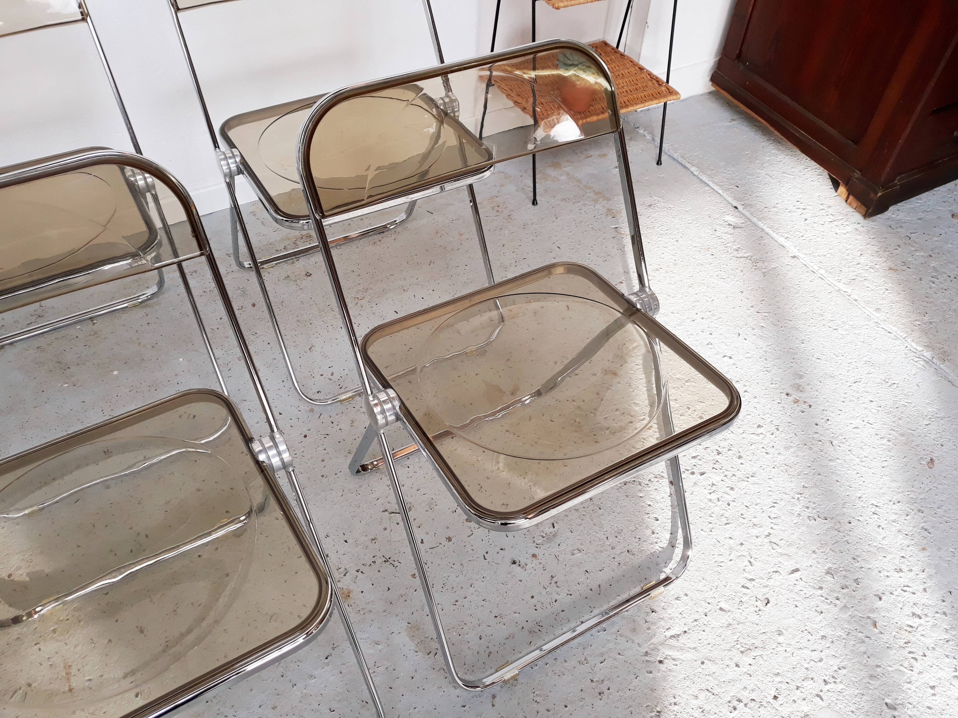 6 vintage Chairs Giancarlo Piretti "plia" 1970 chrome and Plexiglas