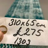 Distressed Turkish Narrow Runner 310x65 cm wool Vintage rug, Overdyed Green