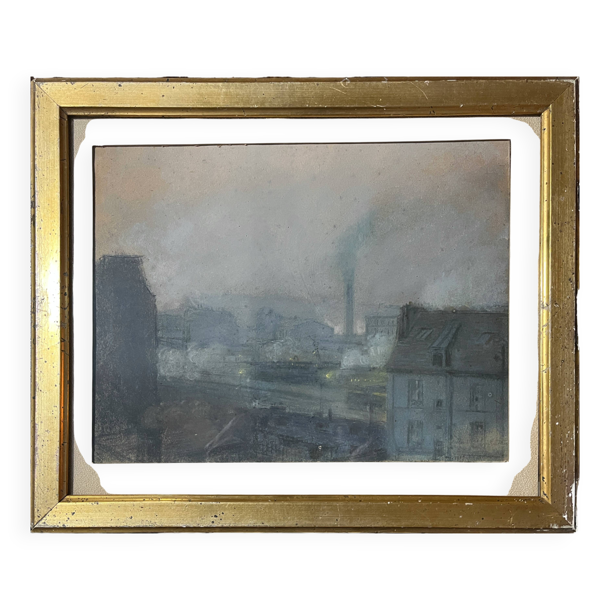 Pastel on paper circa 1900 Post-Impressionist Train Station and Train signed