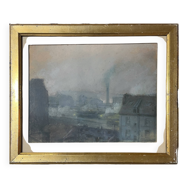 Tableau Pastel sec vers 1900 Post impressionniste Gare et train signé