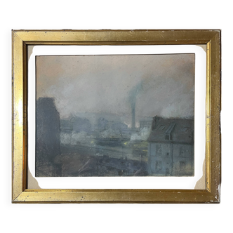 Pastel on paper circa 1900 Post-Impressionist Train Station and Train signed