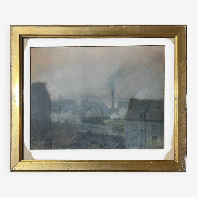 Pastel on paper circa 1900 Post-Impressionist Train Station and Train signed