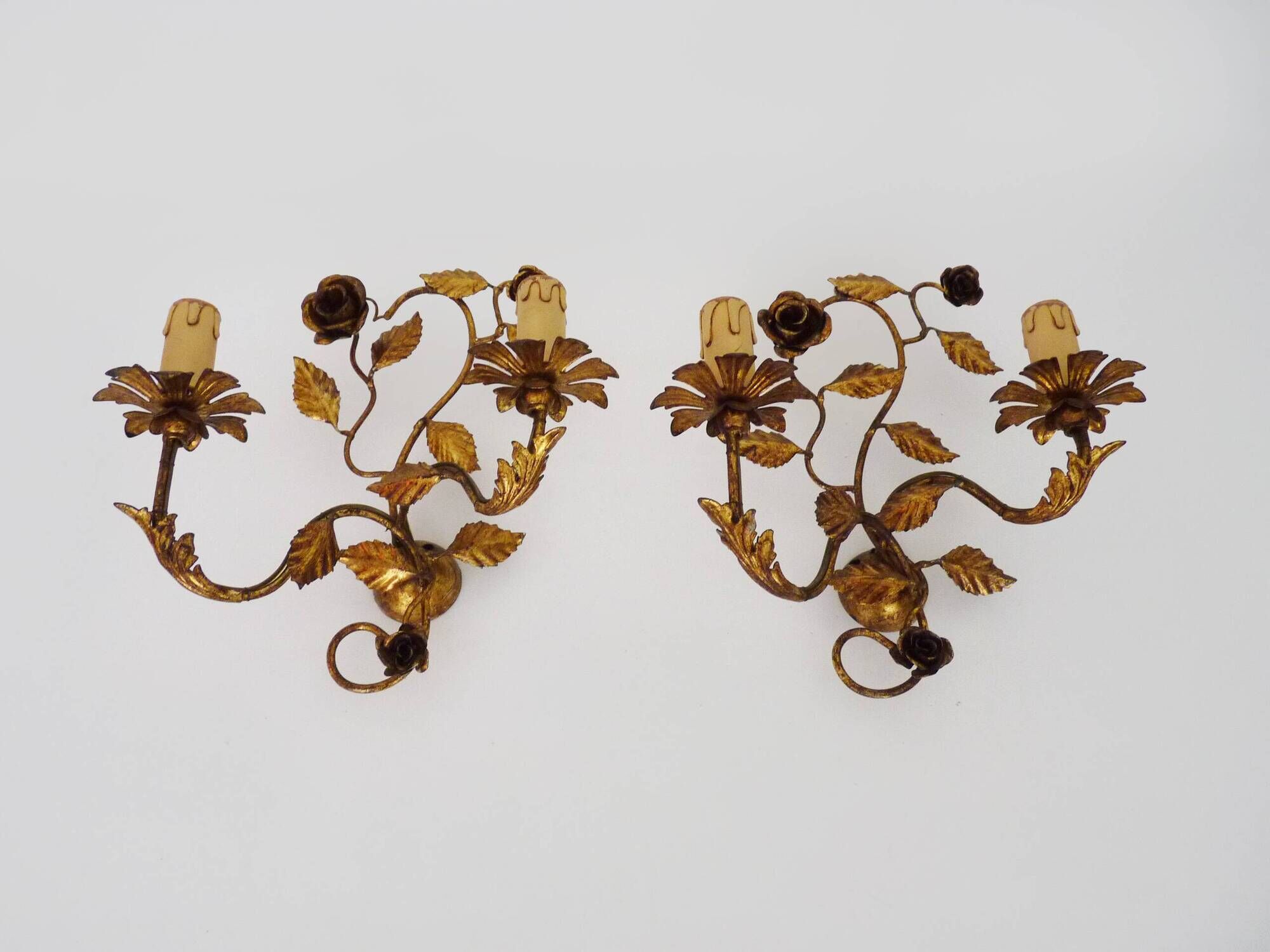 Pair of vintage wall lights with gold metal foliage flowers, 1960s