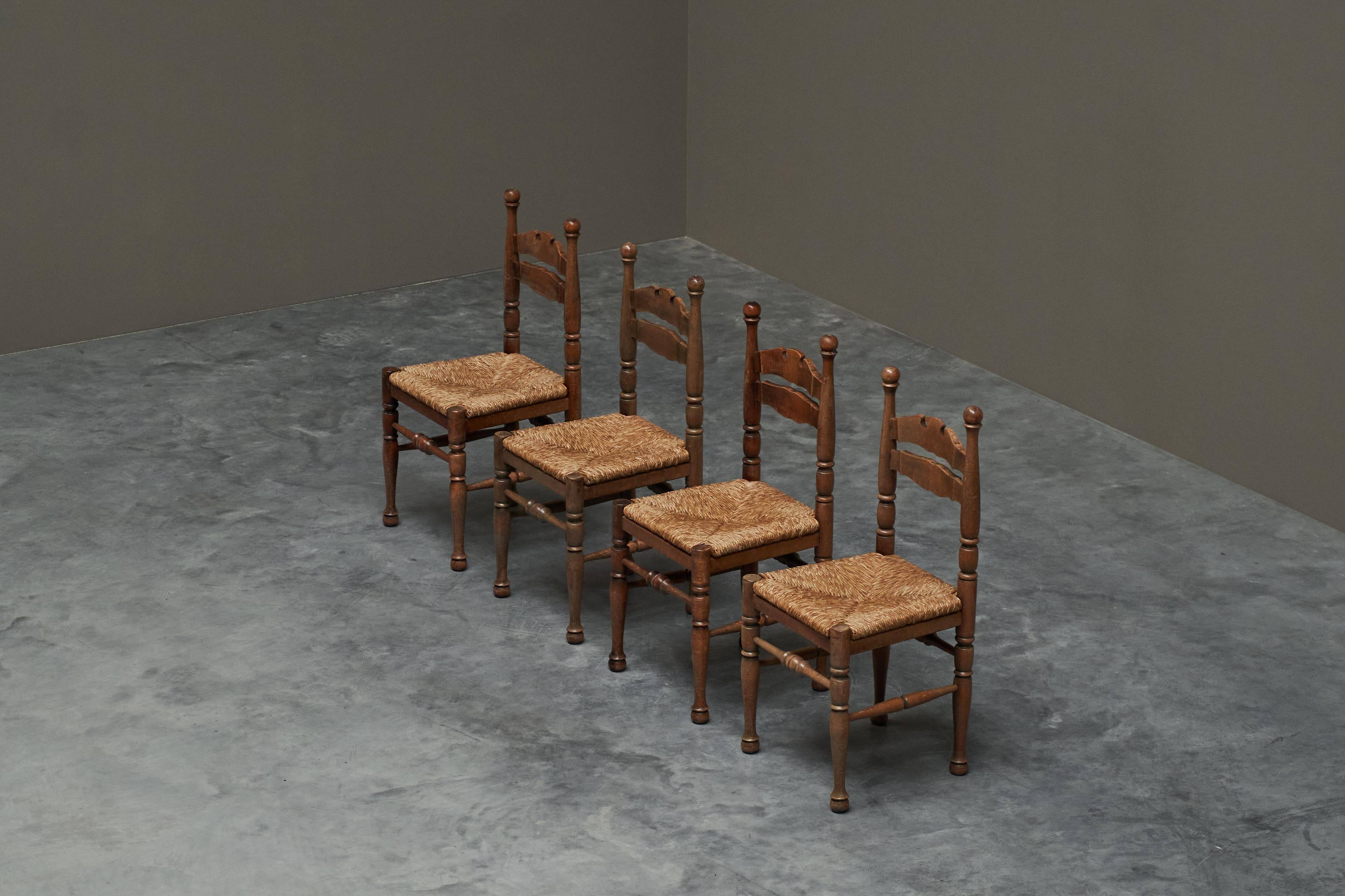 Set of 4 oak and bamboo chairs, 1950s.