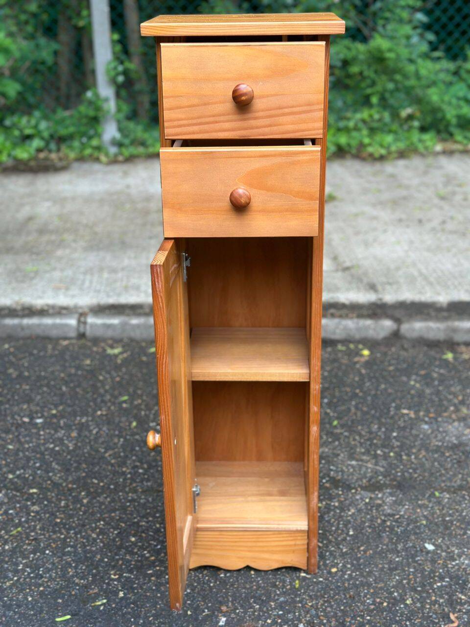 Narrow solid wood bedside table 1980