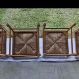 Wooden table with 2 extensions + 4 wooden chairs with rush seats