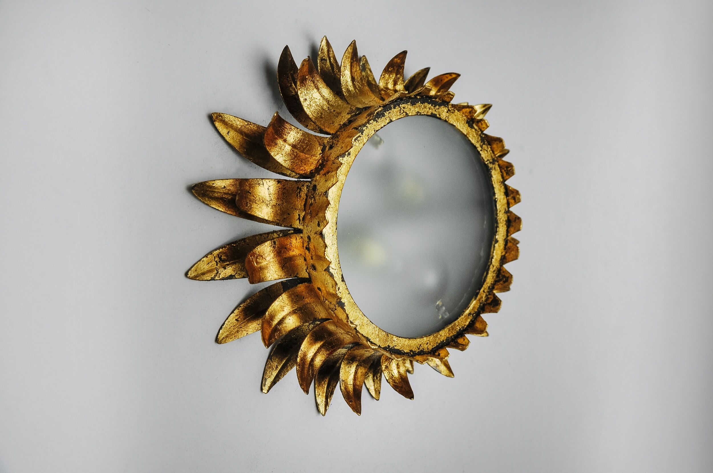 Wall lamp sun by ferro arte, metal and gold leaf, spain, 1960