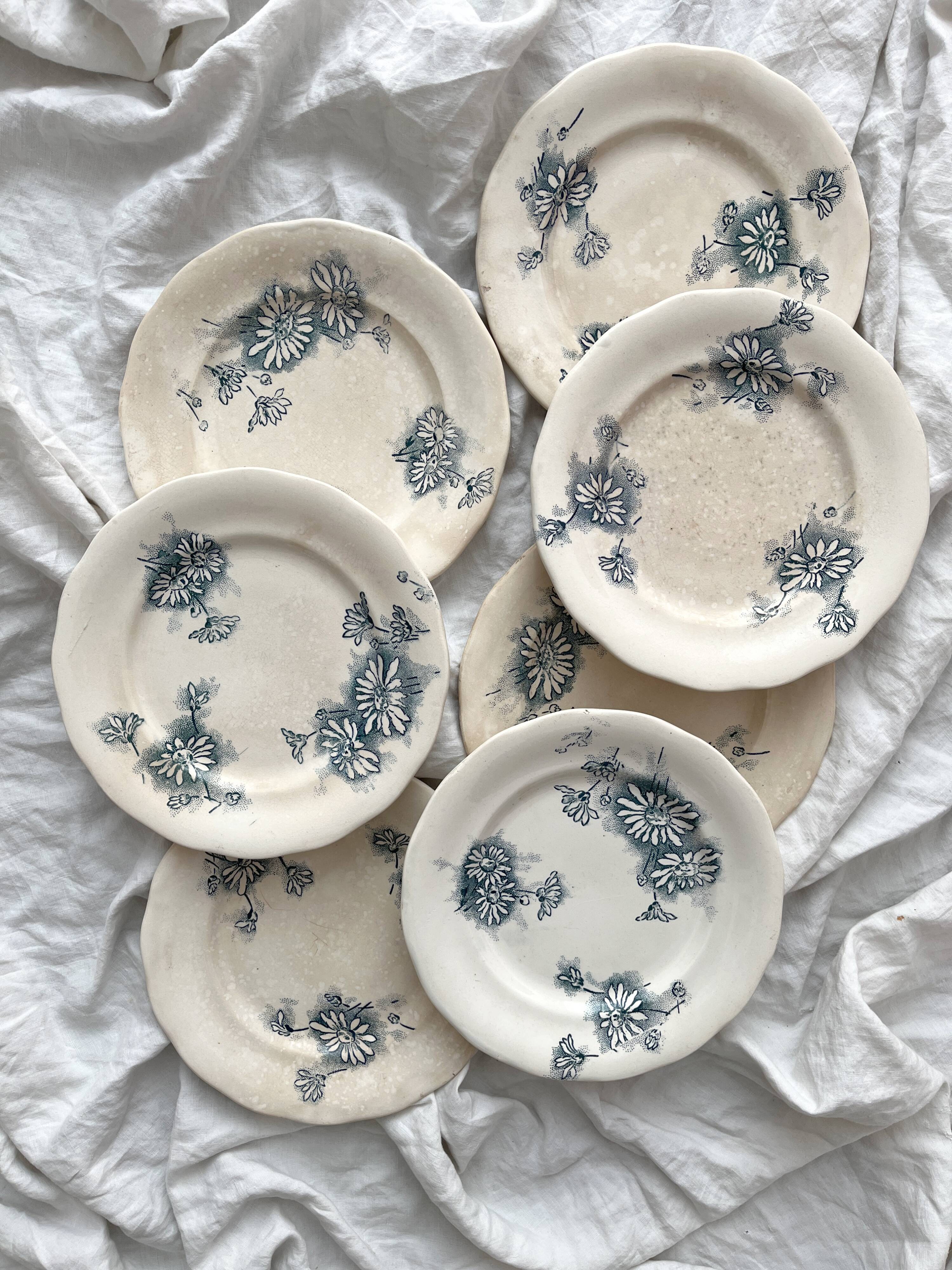7 "Marguerite" ironstone dessert plates from the Nouvelle Givors pottery factory