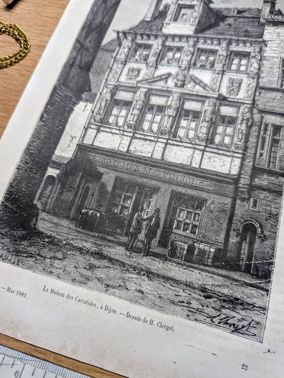 Gravure Vintage Dijon, la maison des Cariatides. 1881