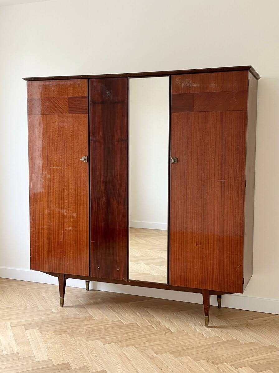 Large vintage 1950s wardrobe in formica and mirror.