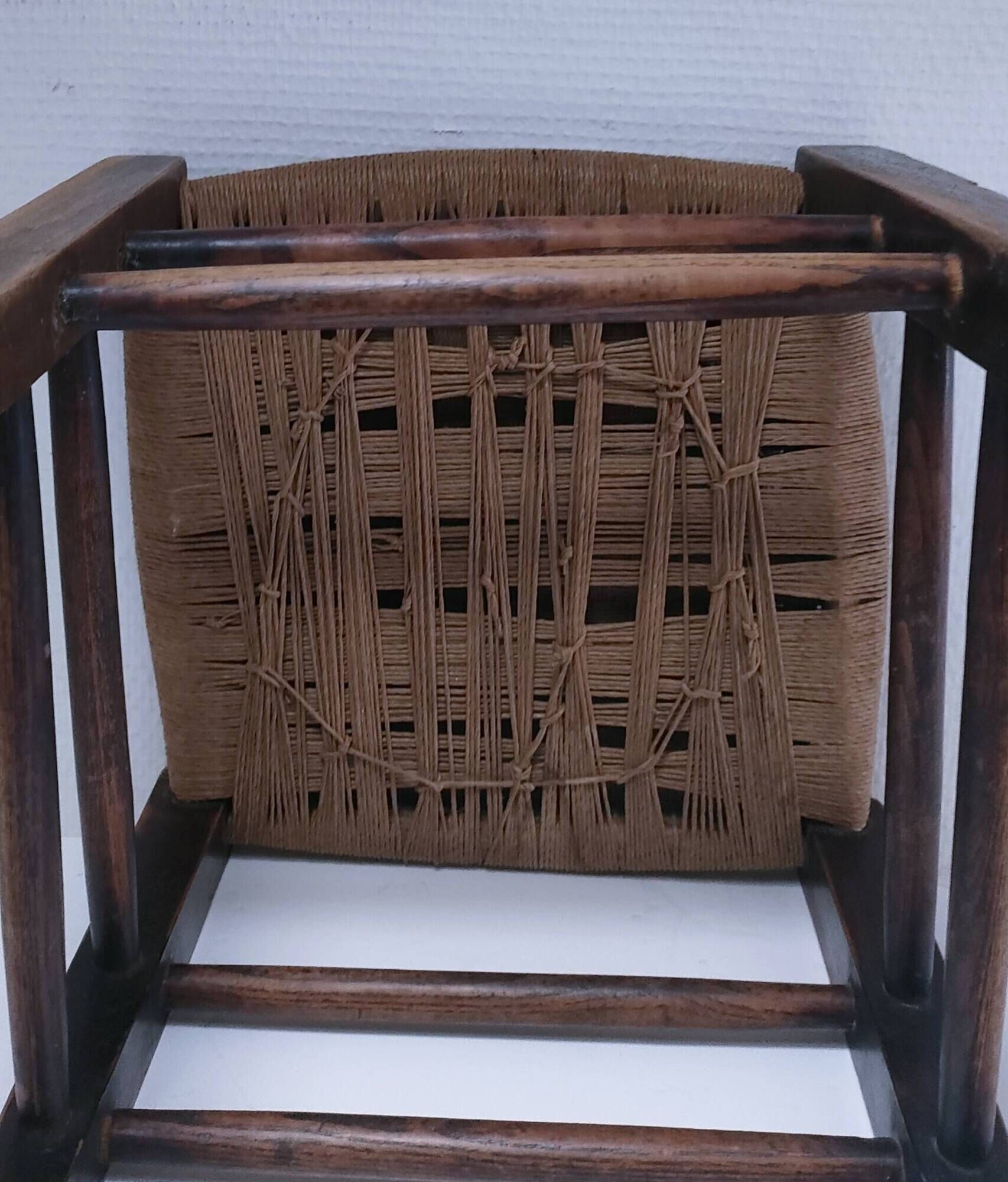 wooden stool with woven plant seat vintage