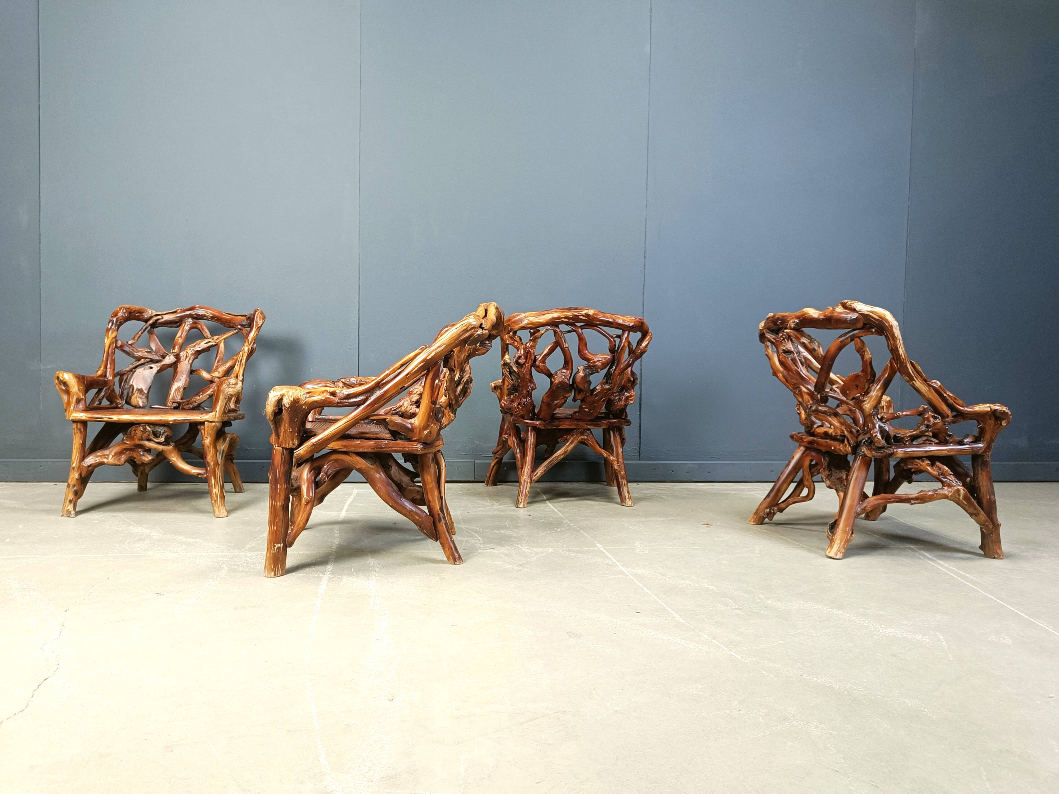 Rustic wood and knotted root armchairs, set of 4 - 1960s