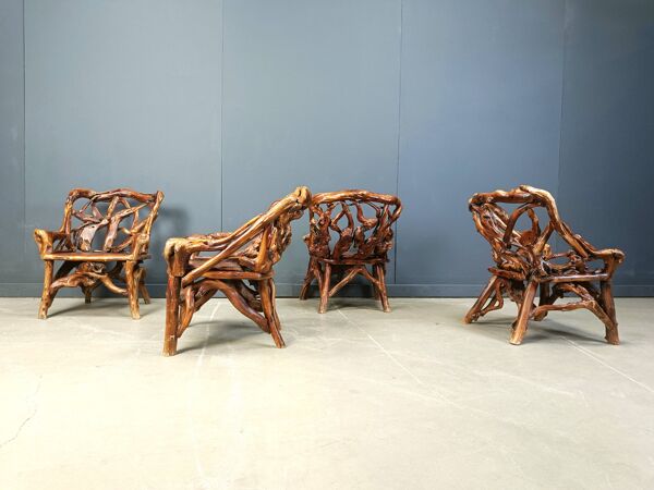 Fauteuils rustiques en bois et racines nouées, lot de 4 - années 1960