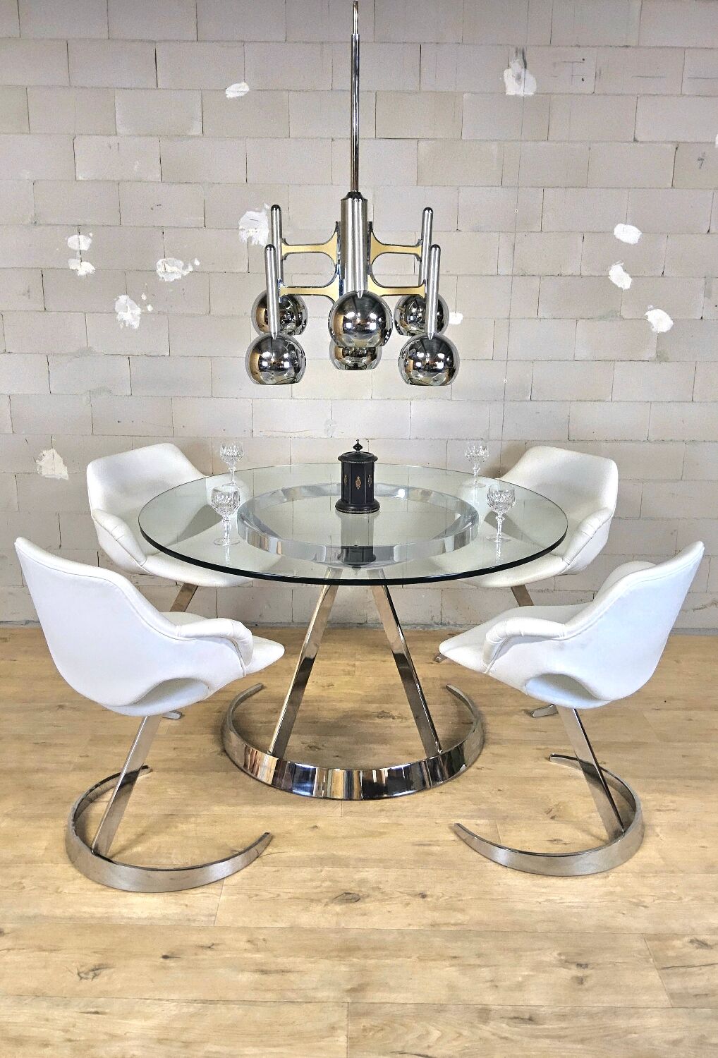 Vintage Chrome French design dining room set Boris Tabacoff 1970s
