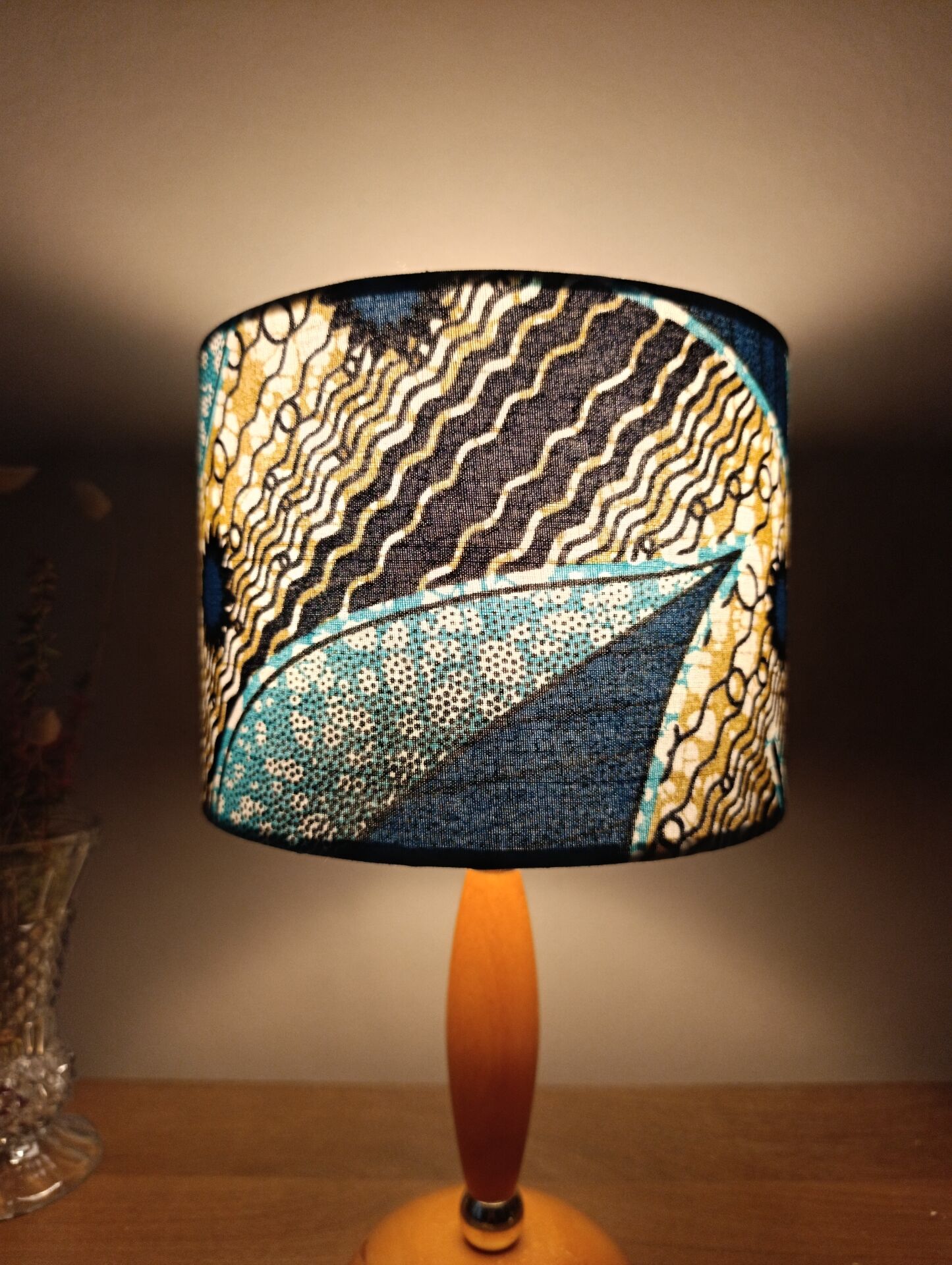 Mid-century wooden table lamp, blue wax lampshade.