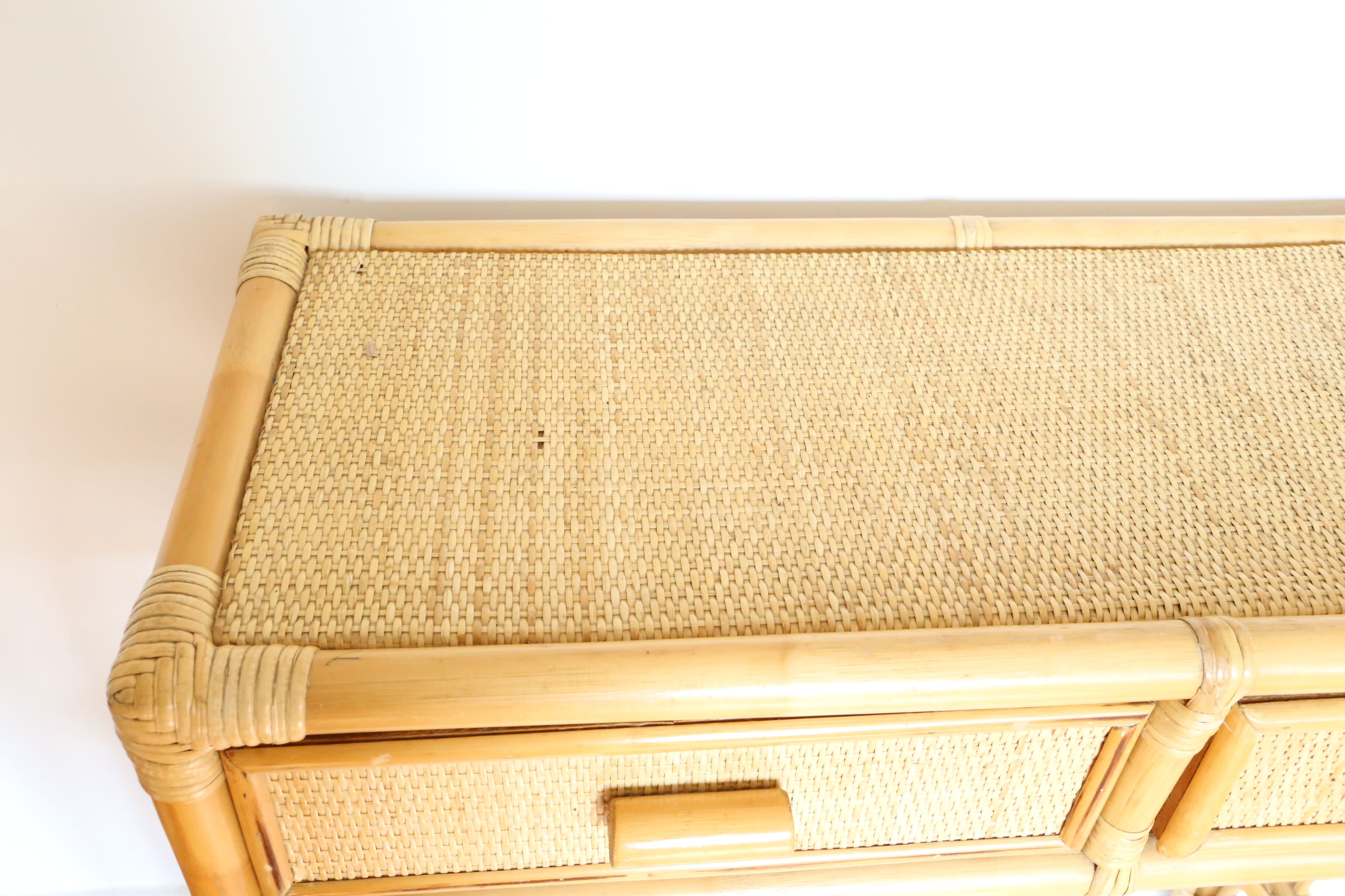 Rattan and wicker console, two drawers