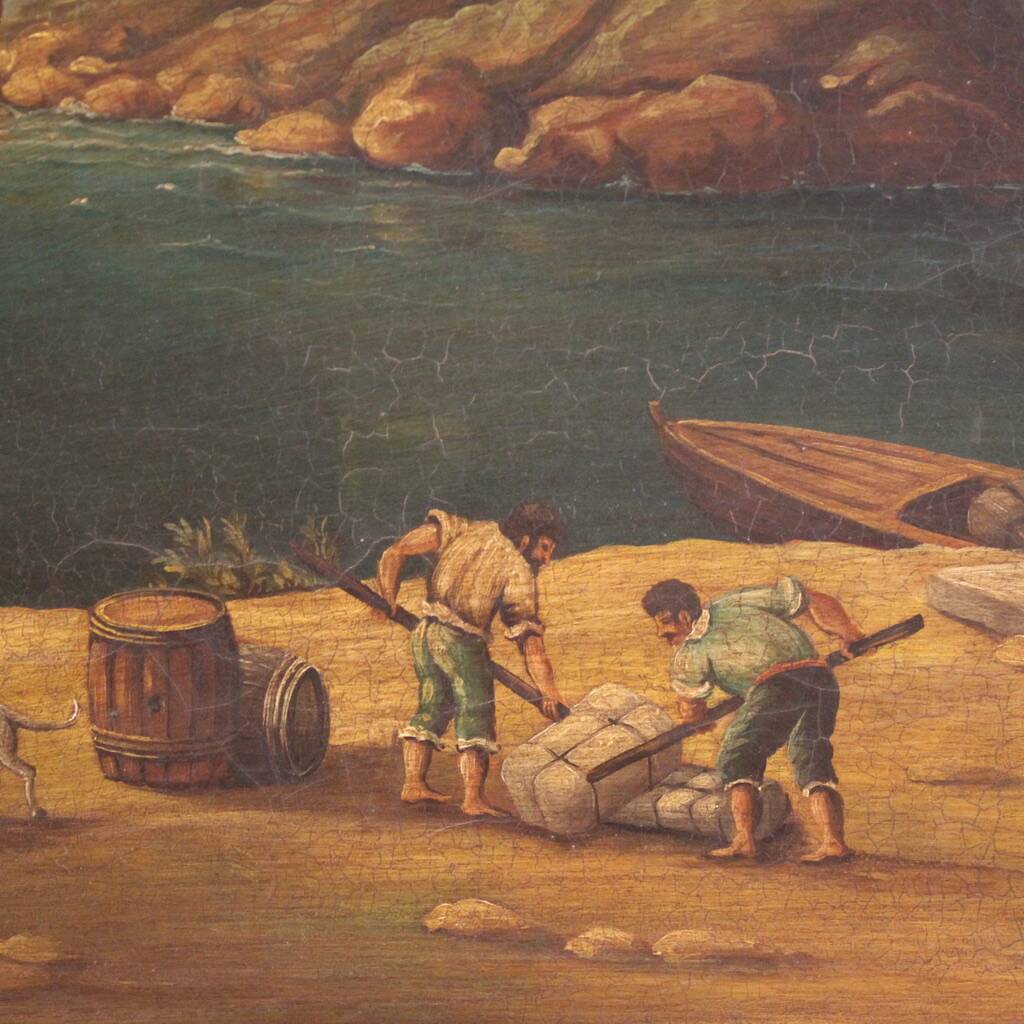 20th century Italian painting of a harbor view