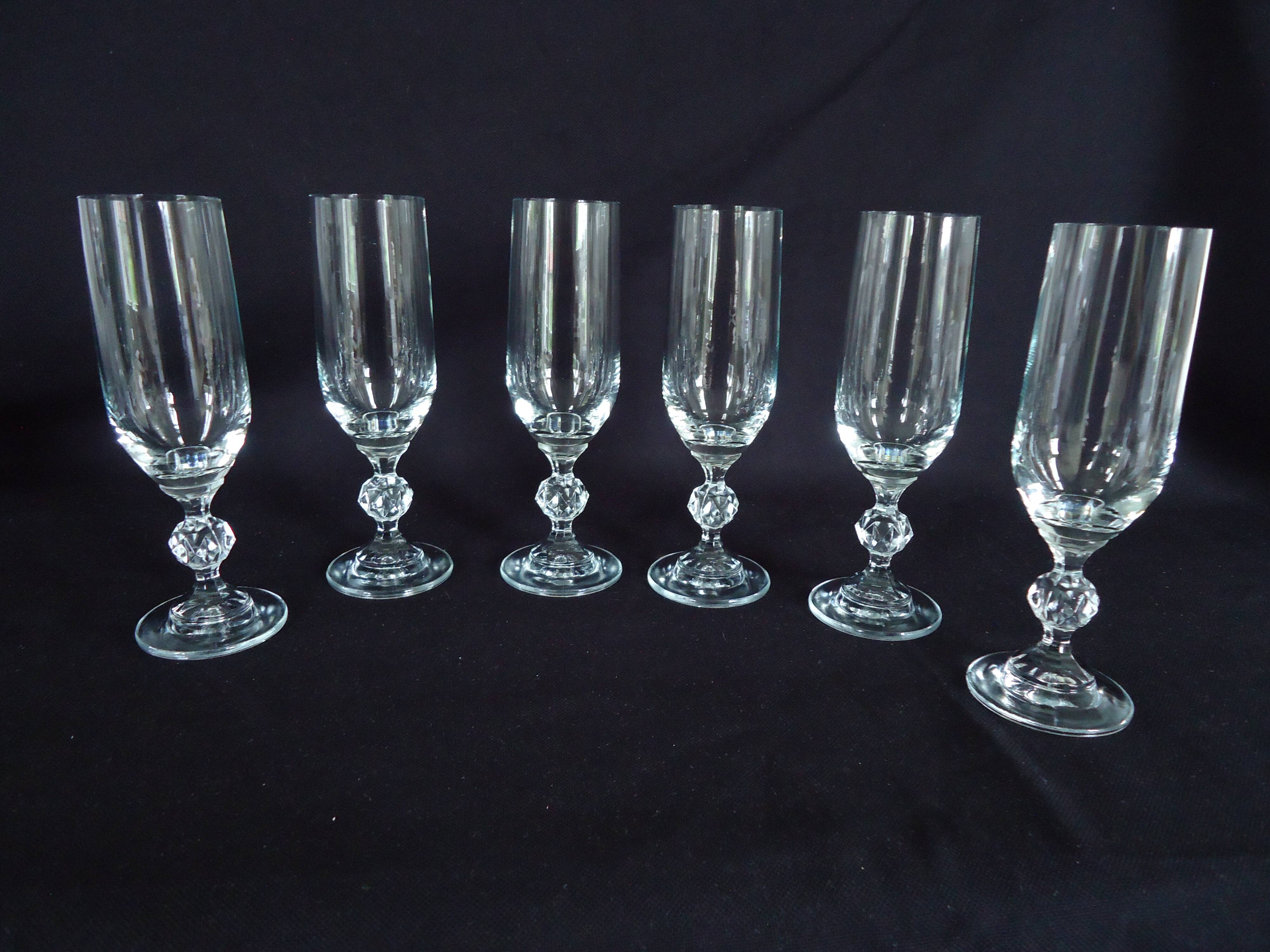 Bohemian crystal champagne flutes, foot with faceted ball