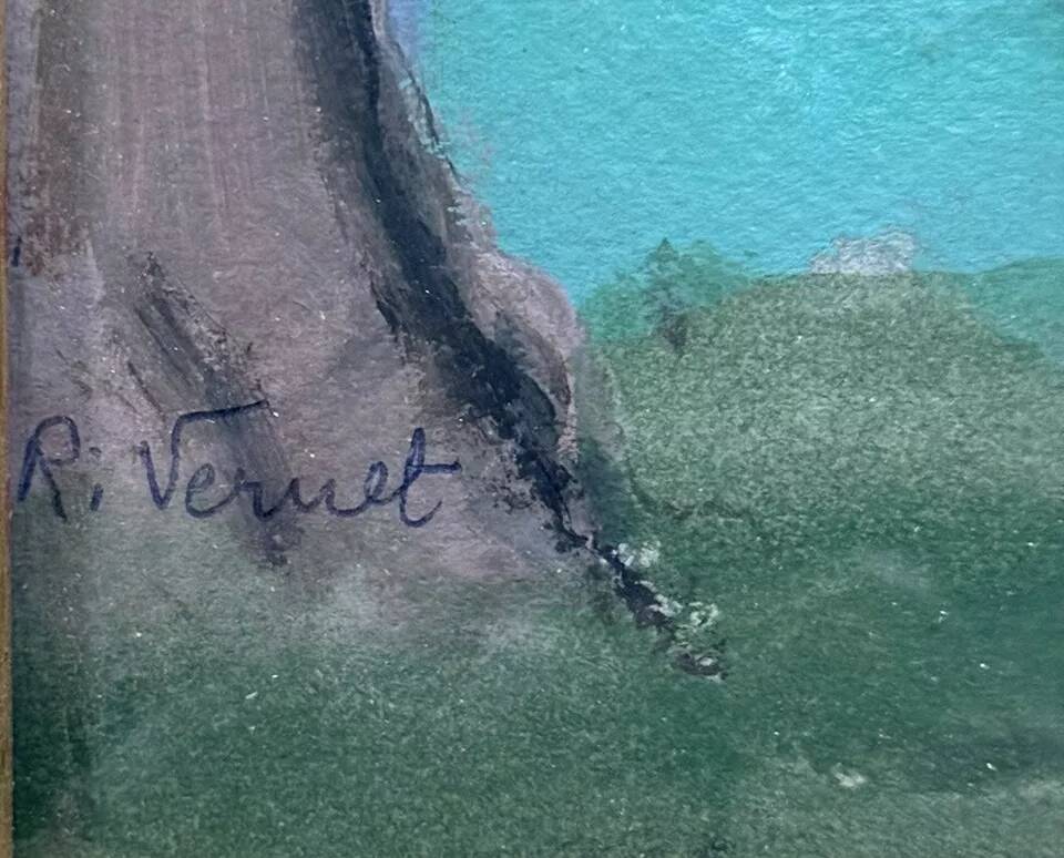 Oil painting on panel by Rivernet: view of a lake