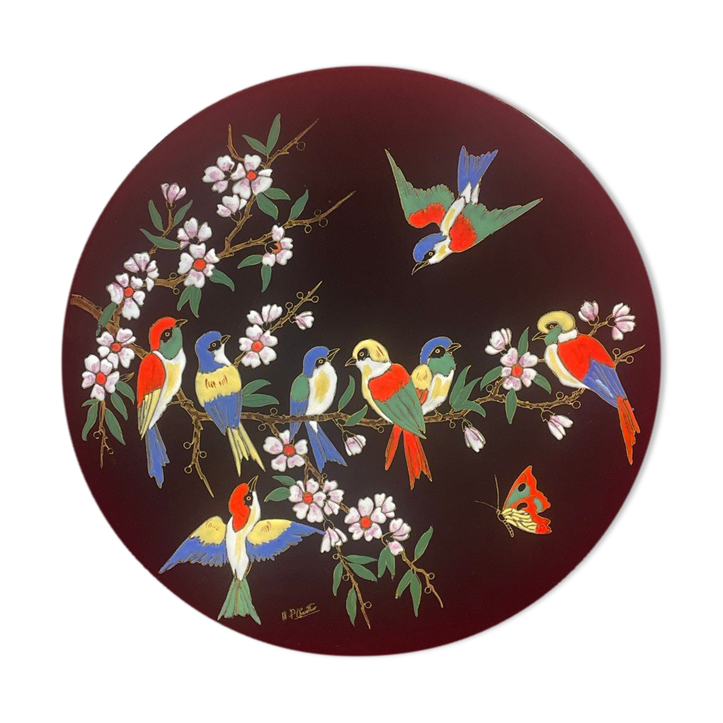 Superb dish n° 40 in emaux de longwy l'arbre aux oiseaux mp chevallier 37 cm
