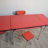 Table, 3 chairs and red formica stool