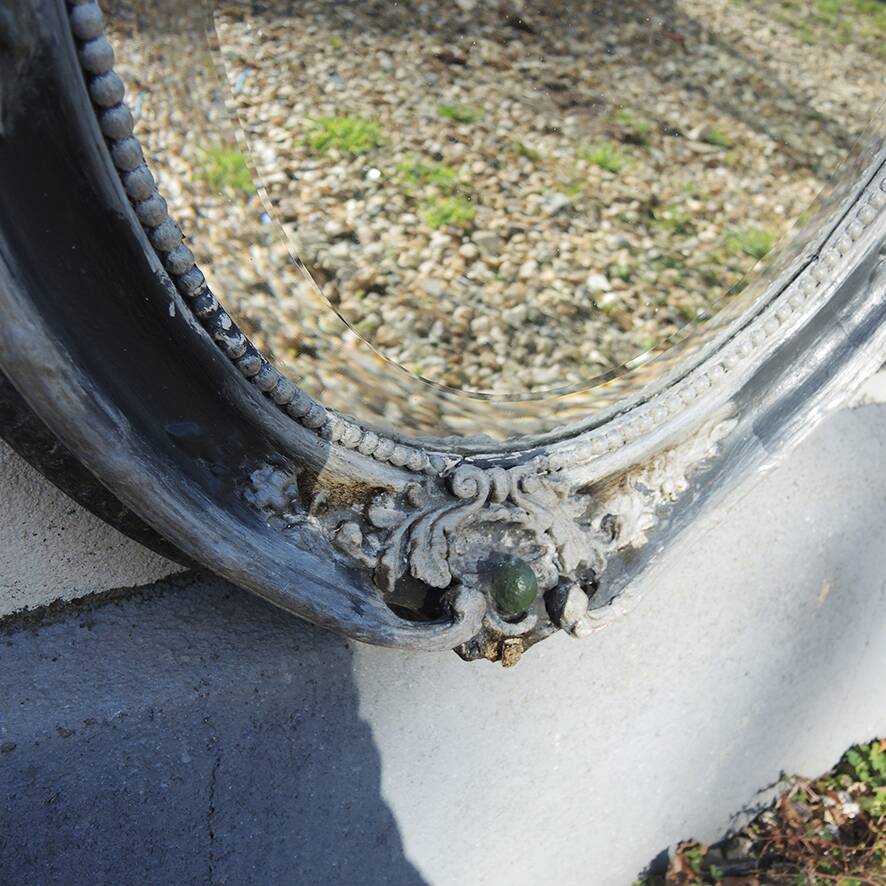 Antique Oval Beveled Mirror with Baroque Carved Wood Frame