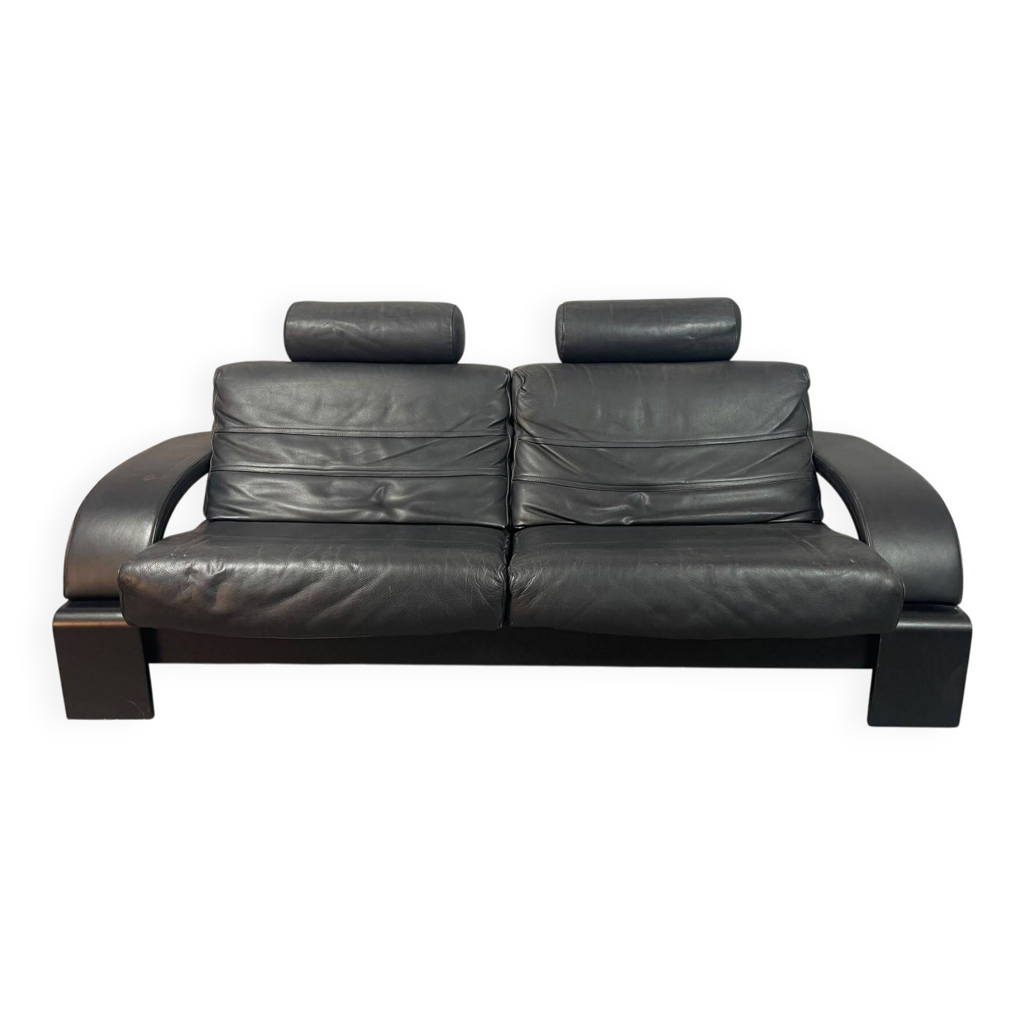 Black Leather Ake Fribytter “Kroken” Two-Seater Sofa for Nelo Möbel. Sweden