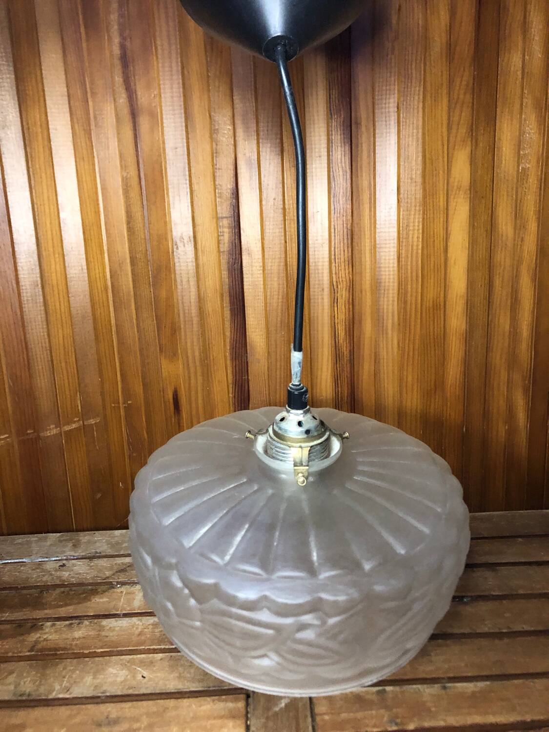Old Transparent Molded Glass Pendant Lamp + Vintage Brass Support