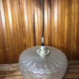 Ancienne Suspension Verre Moulé Transparent + Support Laiton Vintage