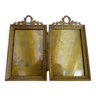 Double cadre photo diptyque bronze doré et laiton style Louis XVI - XIXème