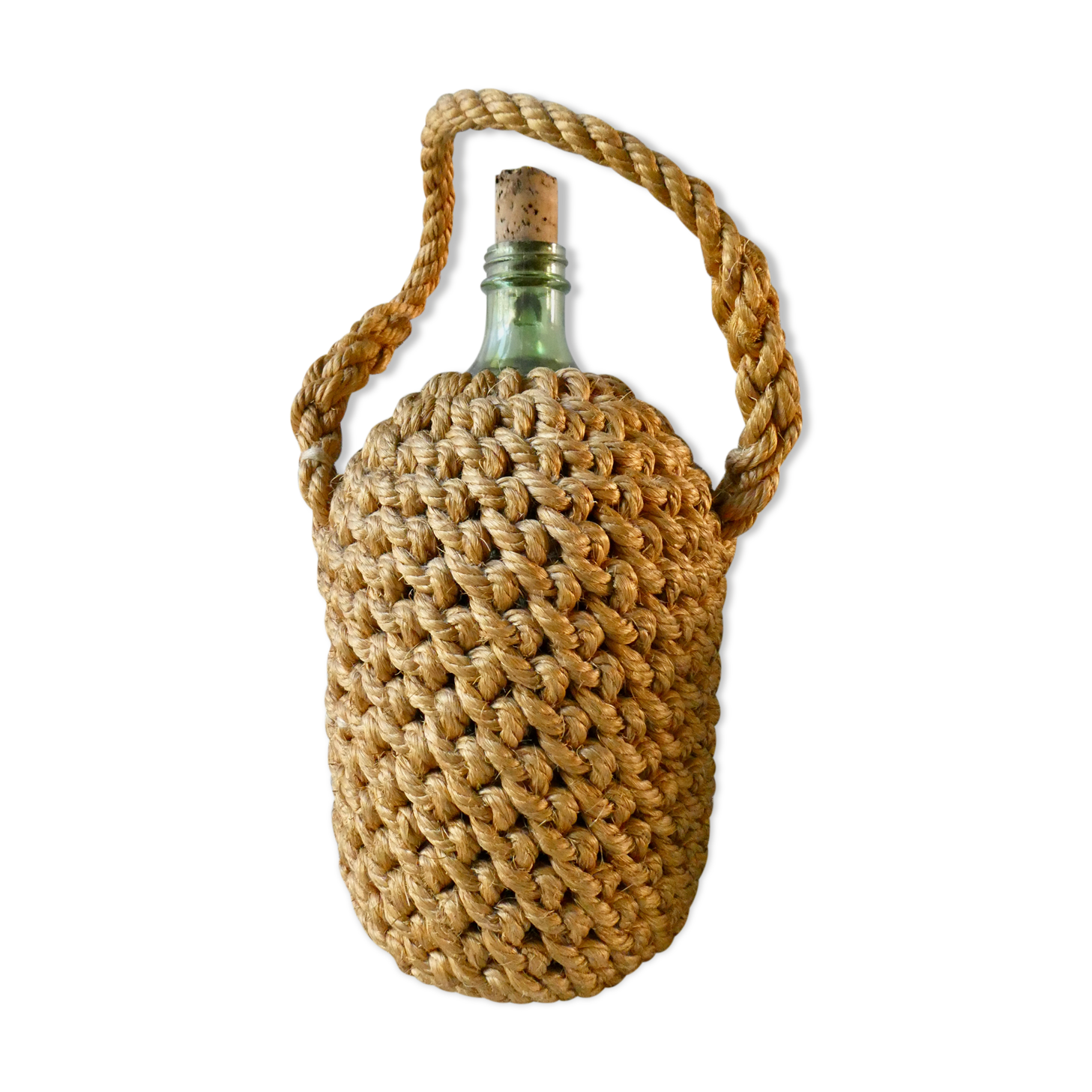 Glass bottle with braided rope, 60s