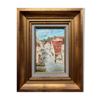 Tableau HST Henri Plubel XX° "Grande rue de Mirebeau sur Bèze" + cadre