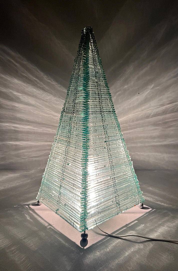 Sculptural pyramid table lamp, glass, France, 1970s.