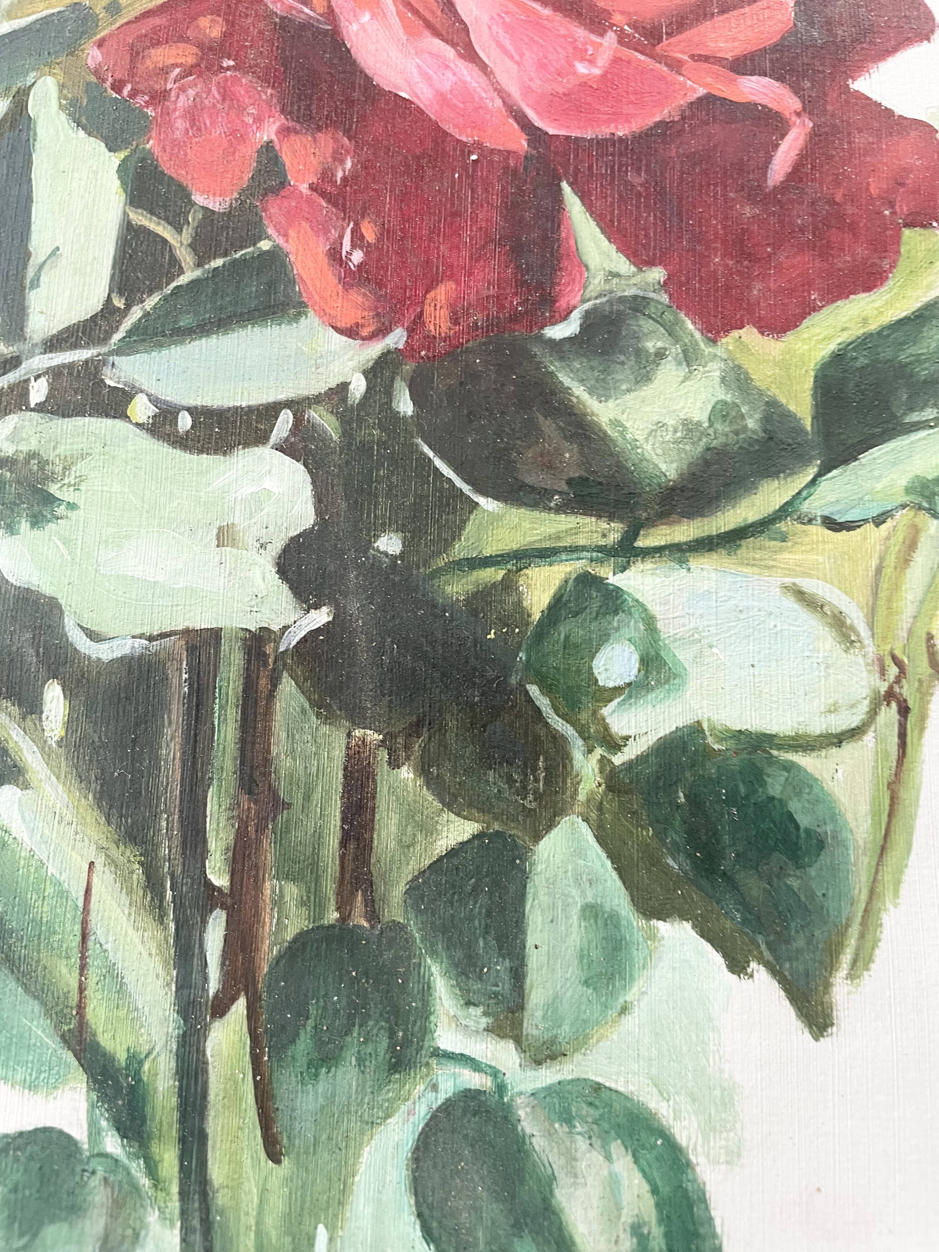 Old painting on paper depicting roses, framed.