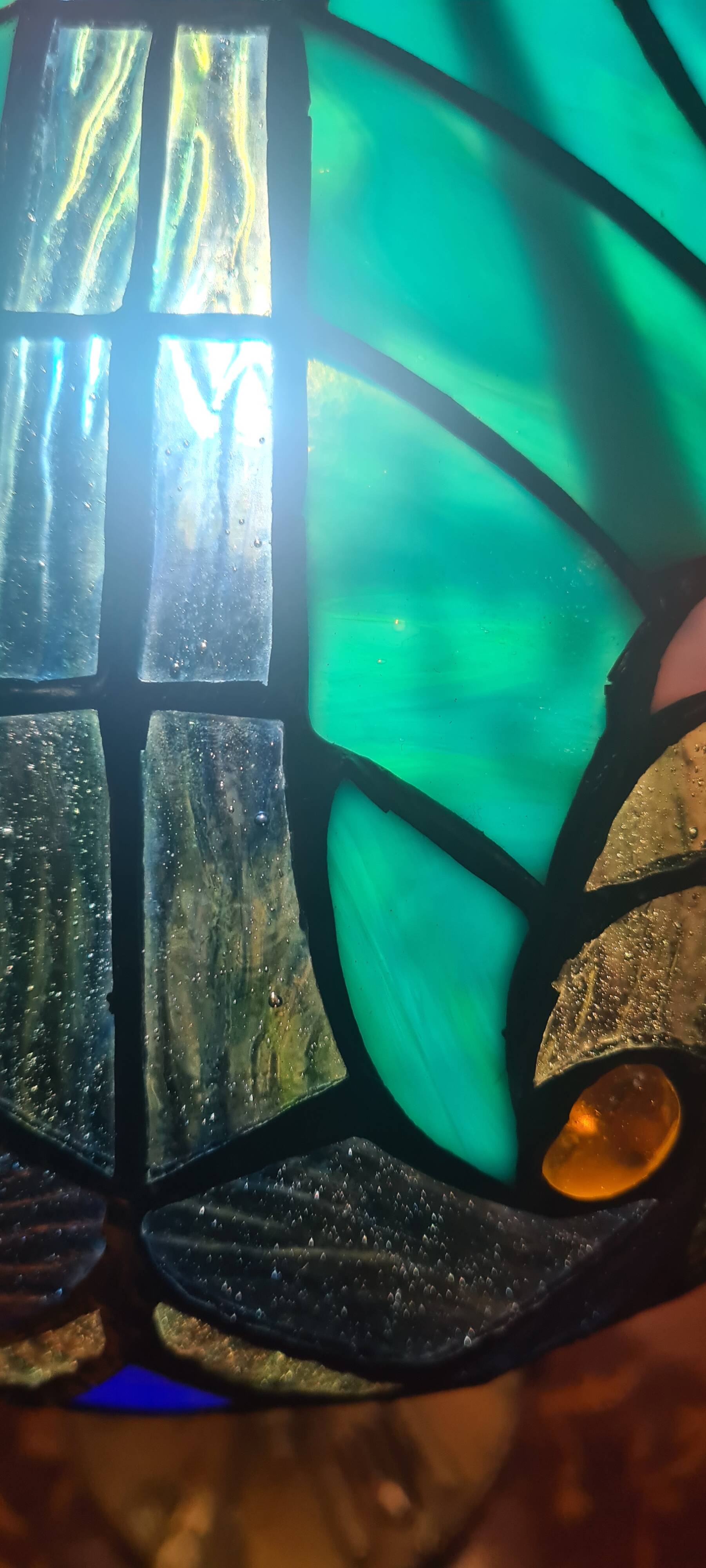 Antique lamp, patinated bronze, art nouveau, stained glass lampshade