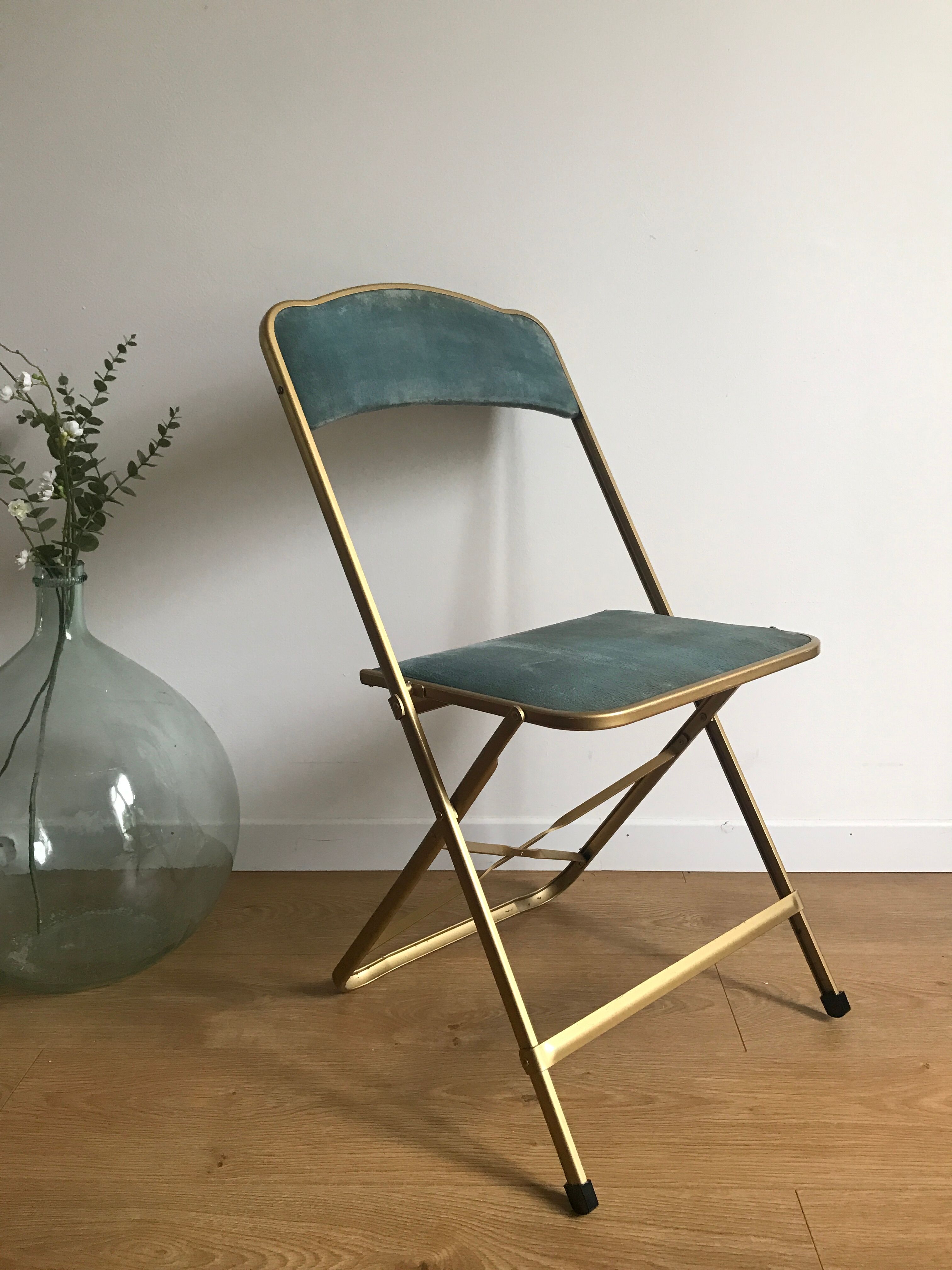 Vintage chaisor folding chair golden frame and blue velvet