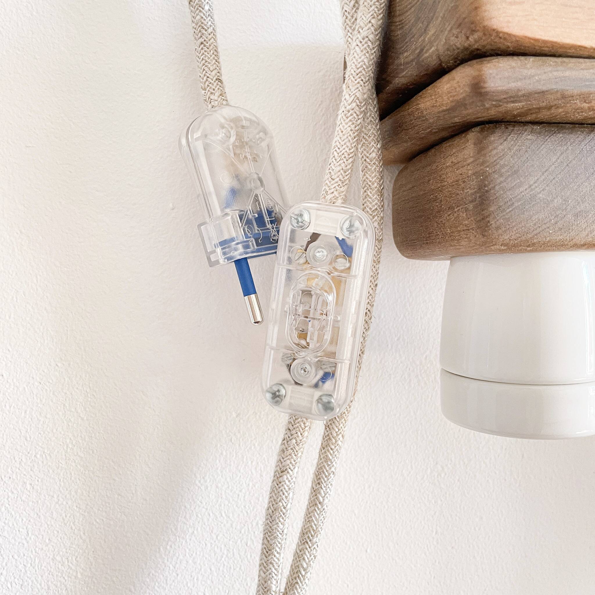 Wooden portable lamp with linen cable