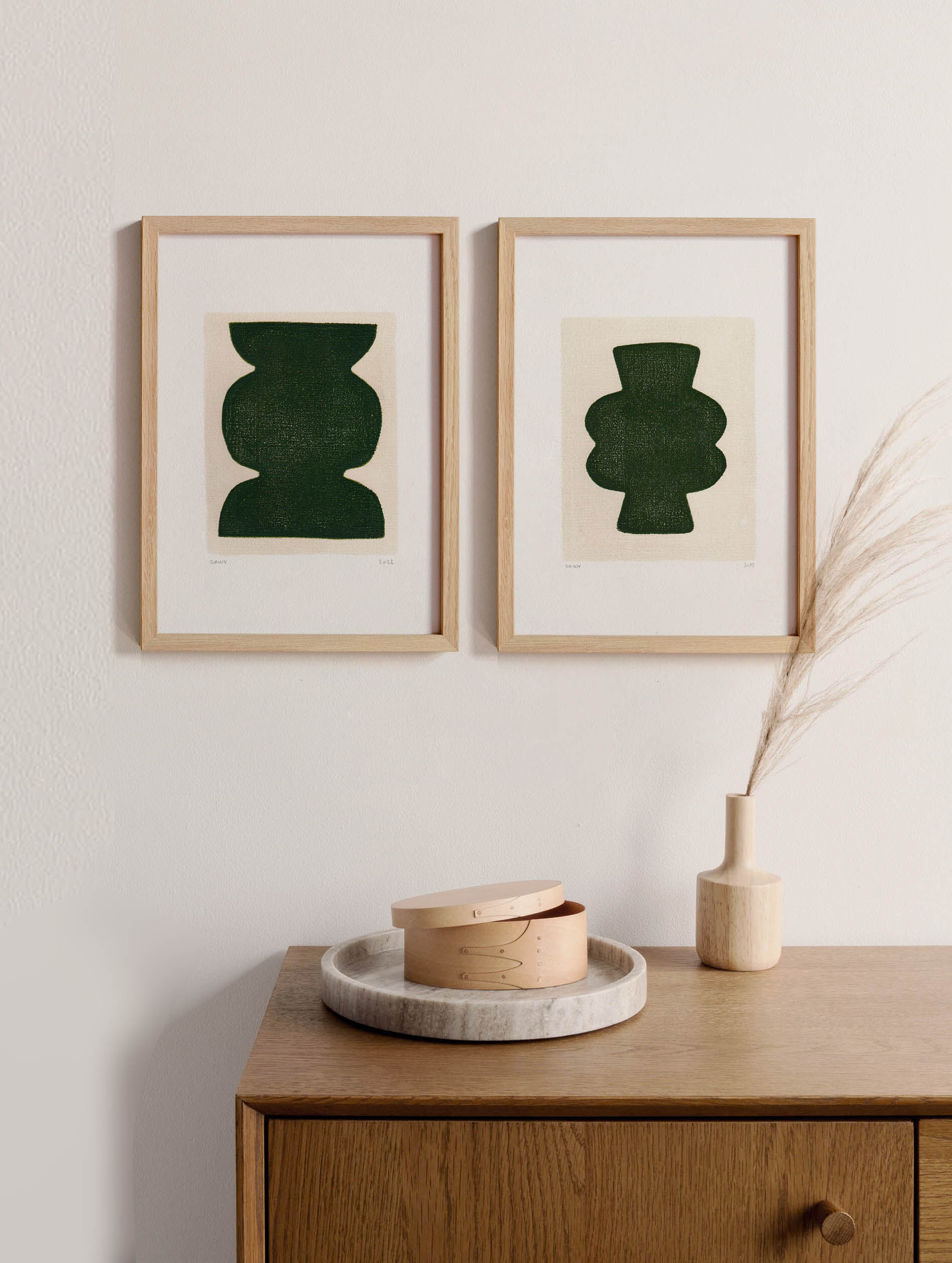 Duo of paintings on paper - pow and mood - dark green - signed eawy