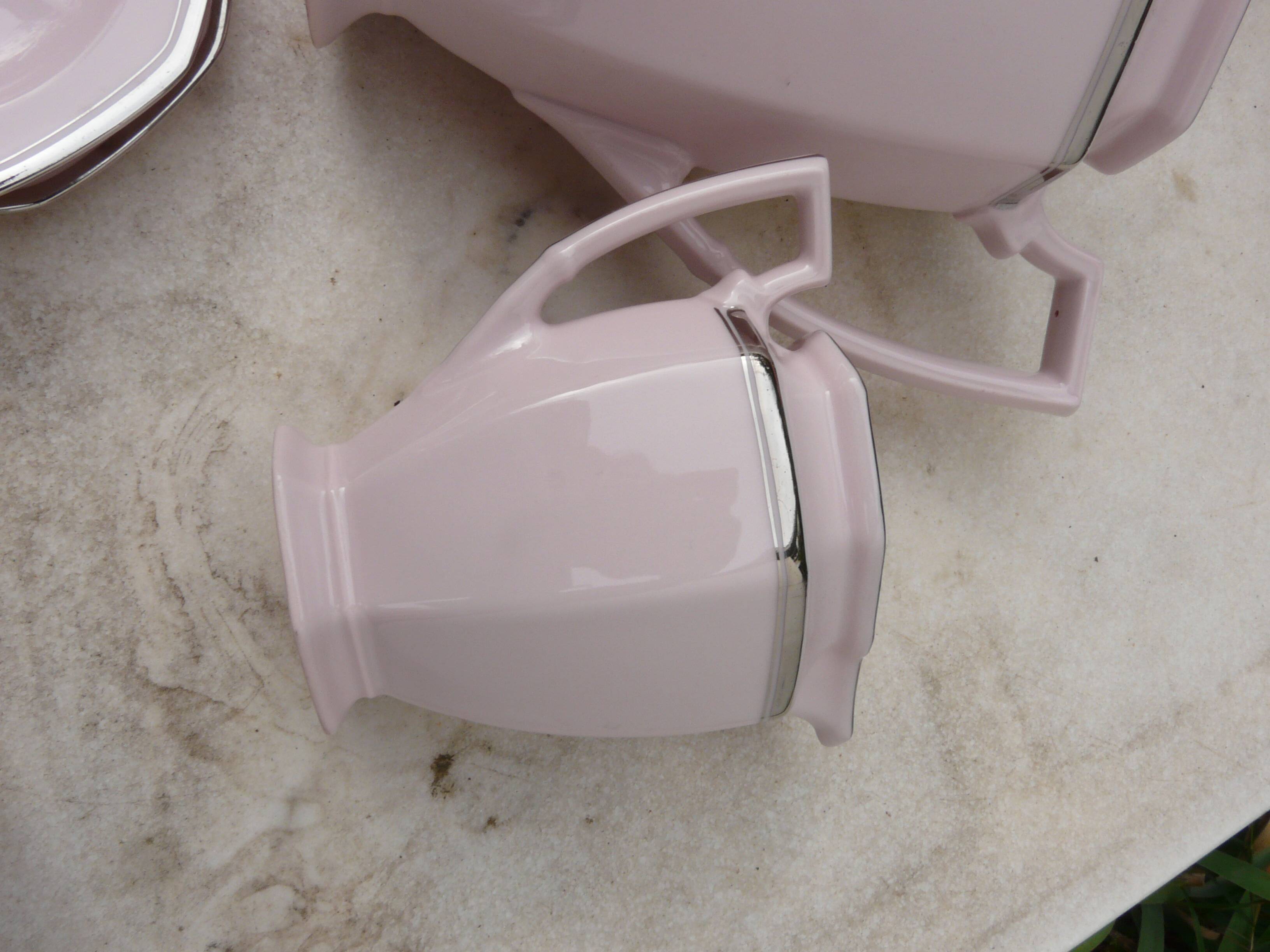 Coffee service, art deco tea, powder pink and silver stamped Czechoslovak porcelain