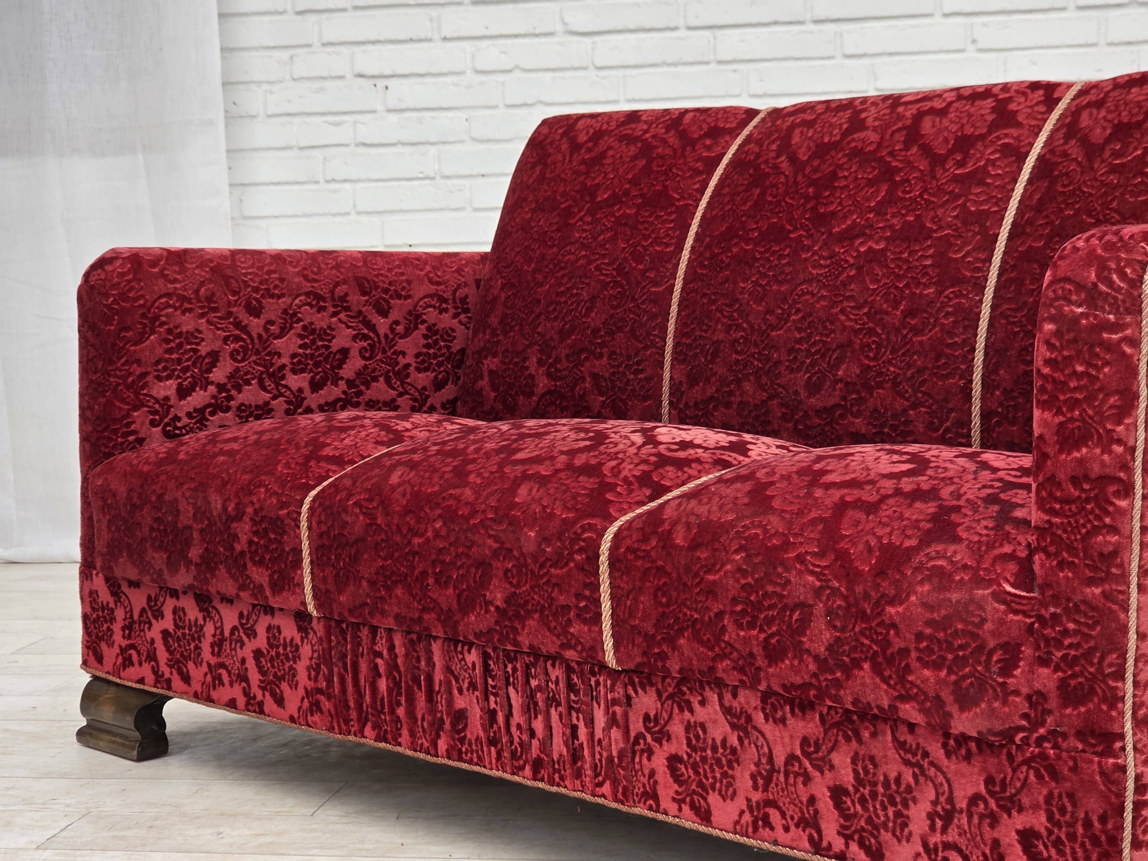 1950s, Danish 3-seater sofa, furniture velour, oak wood.