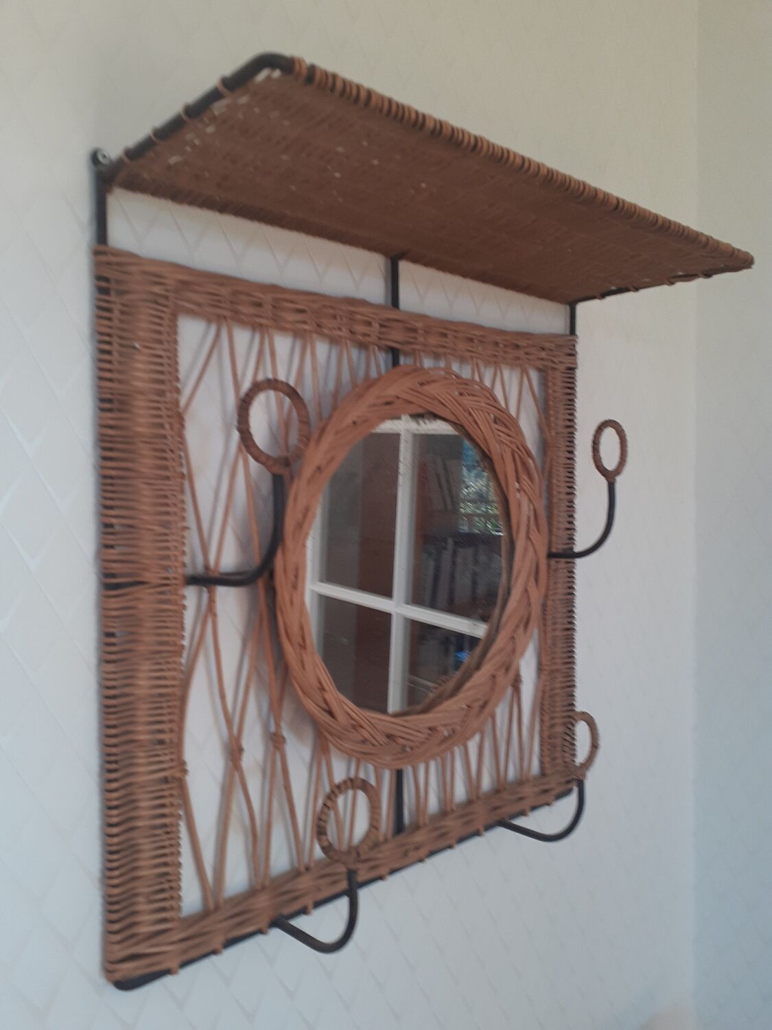 Rattan wall-mounted coat rack with mirror
