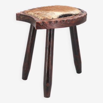 Wooden tripod stool, cowhide seat, 1970s