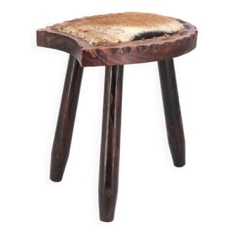Wooden tripod stool, cowhide seat, 1970s