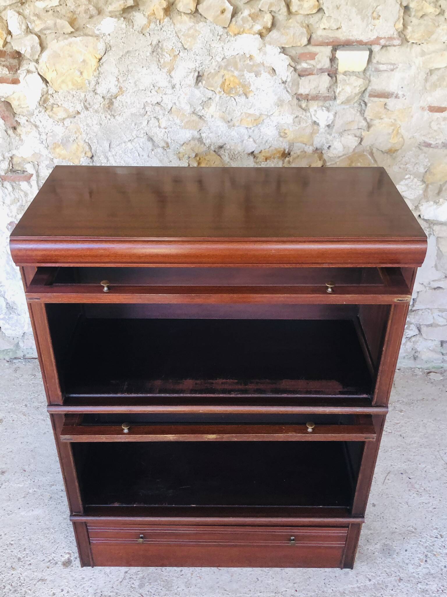 Vintage mahogany avocado bookcase with overhead glass doors circa 40's/50's