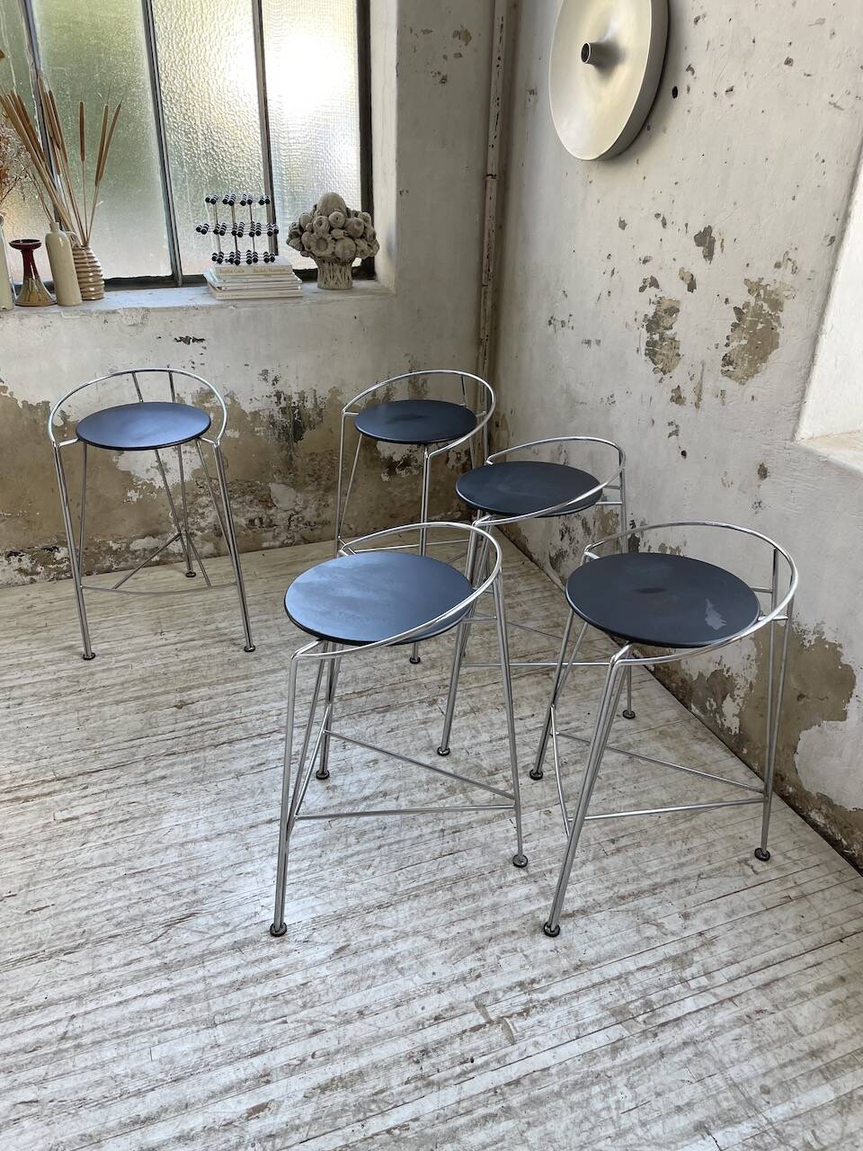 Set of 5 high stools "silver moon" Pascal Mourgue