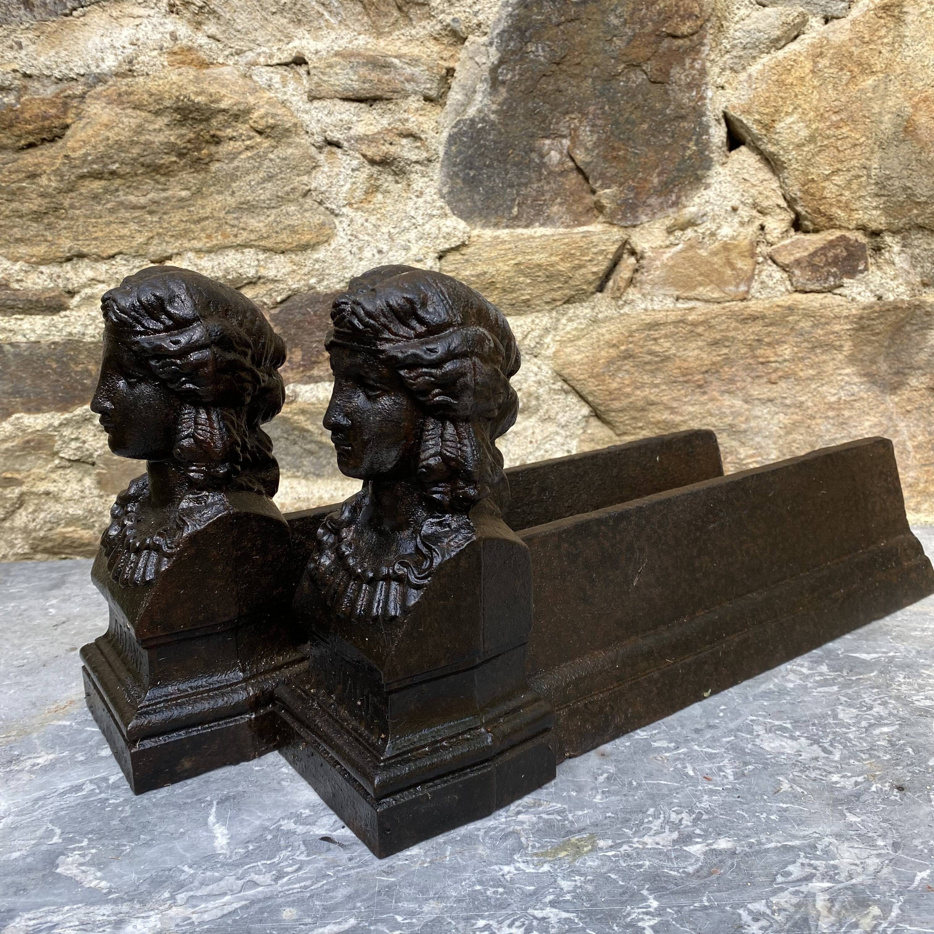 Pair of antique cast iron fire dogs "Ariadne"