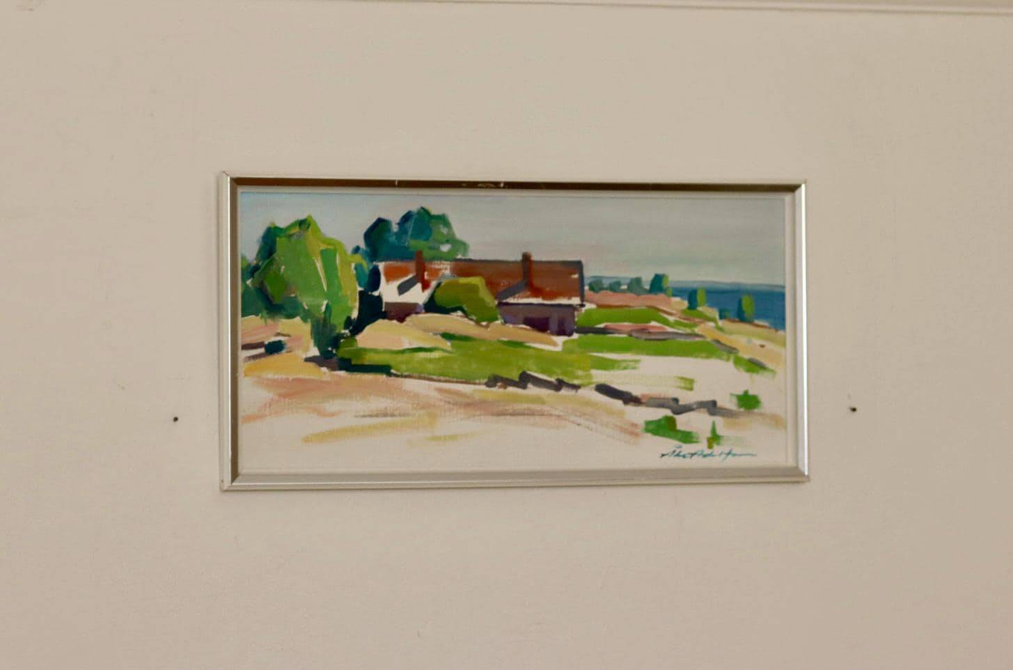 Oil painting on Swedish panel from the mid-century "House by the Sea in Öland" by Åke Adolfsson