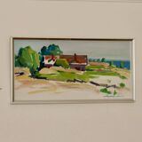 Oil painting on Swedish panel from the mid-century "House by the Sea in Öland" by Åke Adolfsson