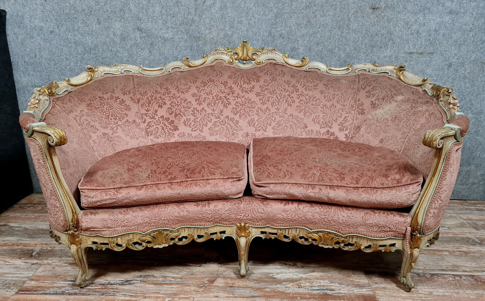 Banquette basket Louis XV Venetian lacquered and gilded wood circa 1900