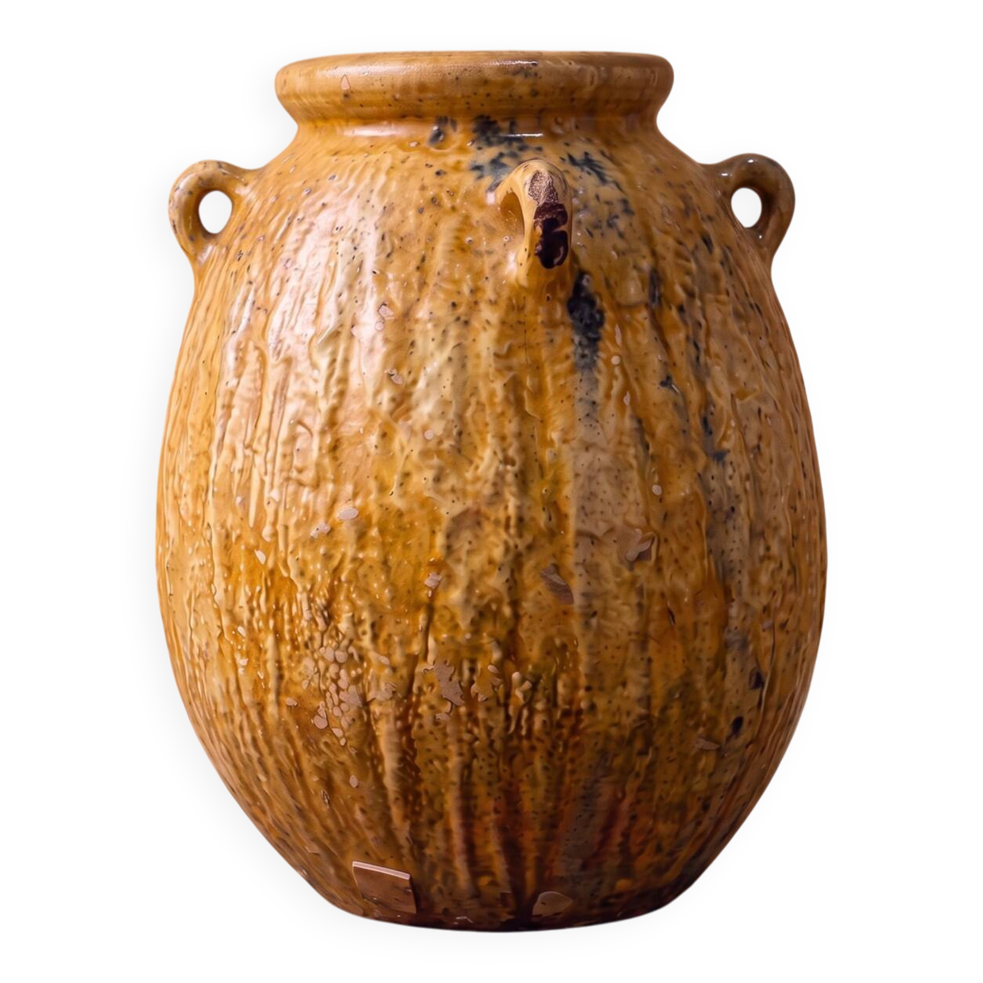Ribbed earthenware jar with loop handles.